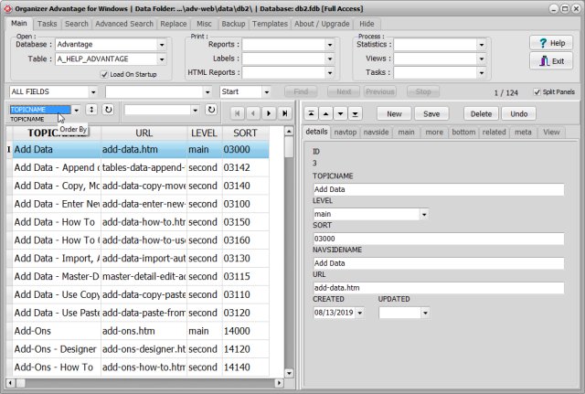 advantage, select sort by data field