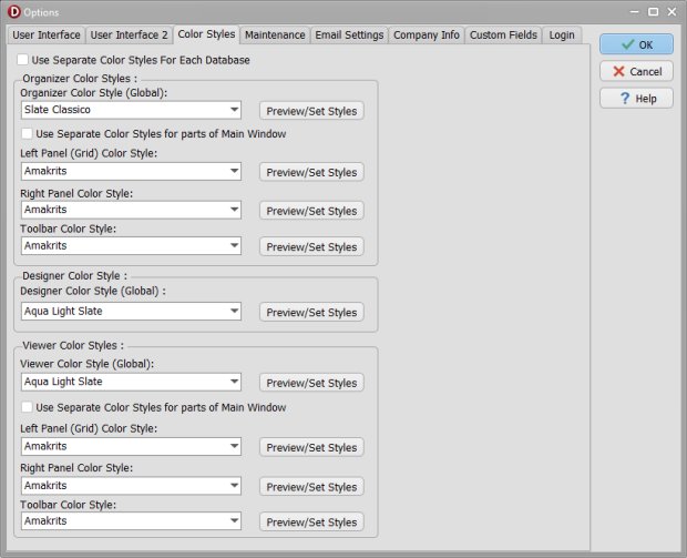 options, color styles setup page