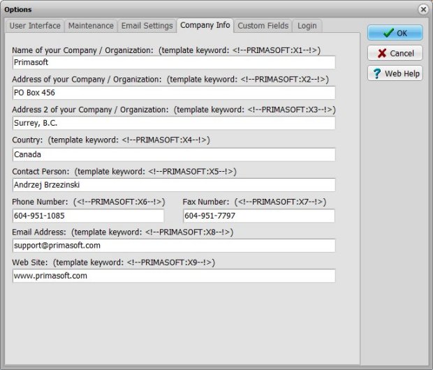 options, company information, custom field, use on html reports