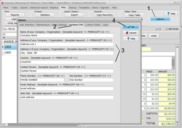 options, how to define my company address on invoice