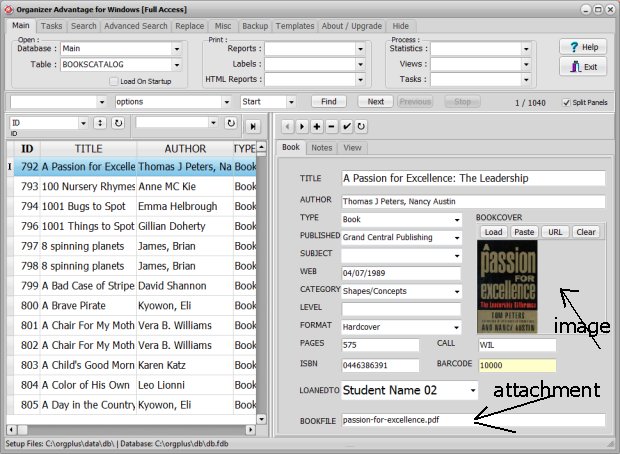 image, attachment data fields in organizer advantage