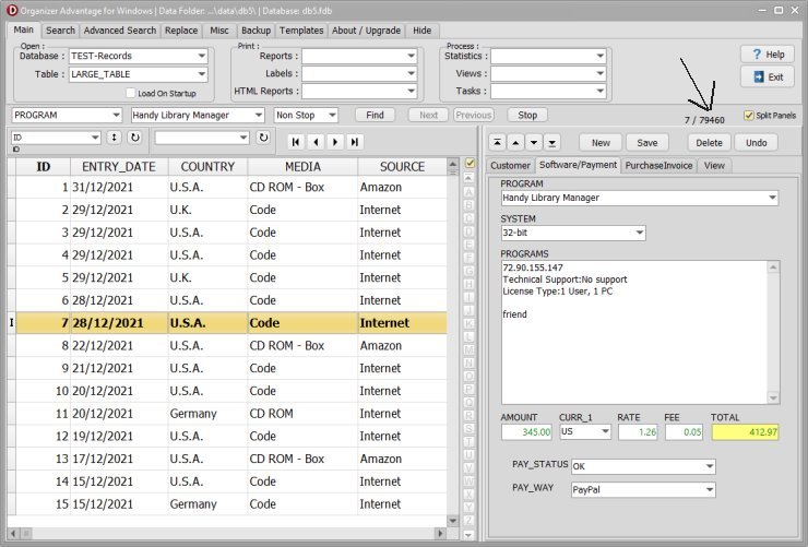 large number of records in organizer advantage