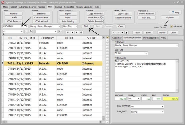 large number of records, quick search sample
