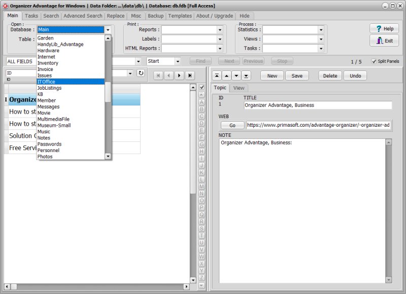 Organizer Advantage interface displaying a large collection of installed database templates showing no limits on database quantity