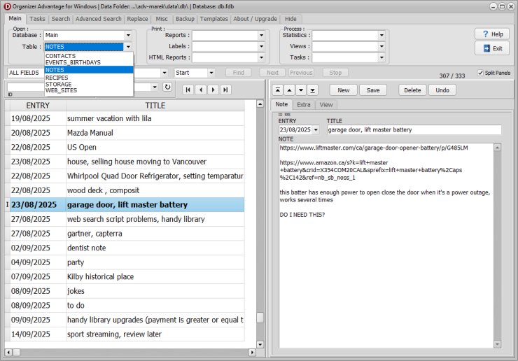large number of records in organizer advantage