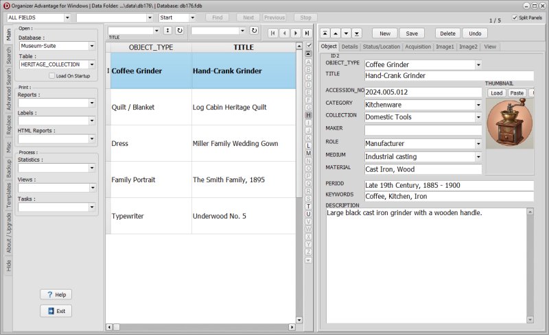 Organizer Advantage interface showing the tabbed toolbars positioned on the left side location