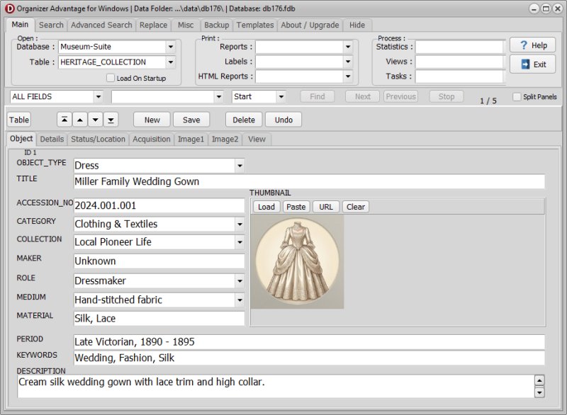 Organizer Advantage for Windows heritage solution showing the individual record form tab view