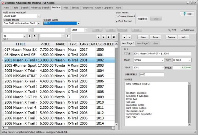 advantage, search replace, replace one field with another field