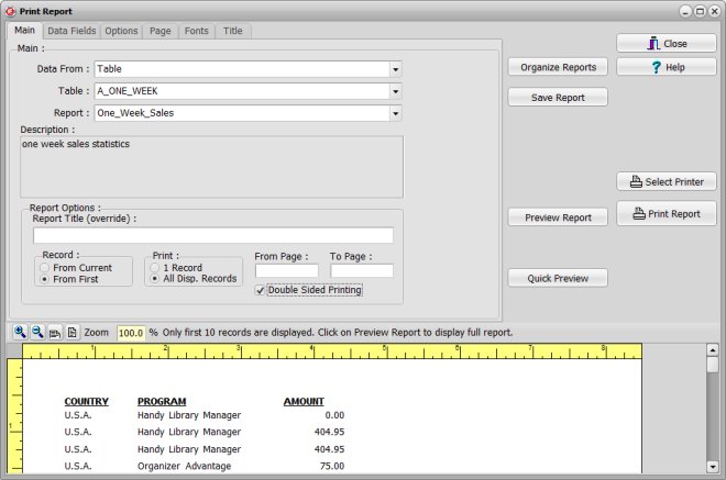 organizer advantage, report window, main section