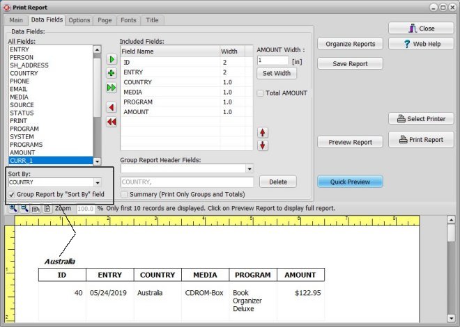 organizer advantage, report window, grouping