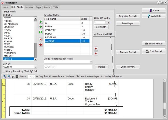 organizer advantage, report window, calculate totals