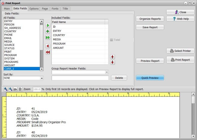 organizer advantage, report window, data fields selection