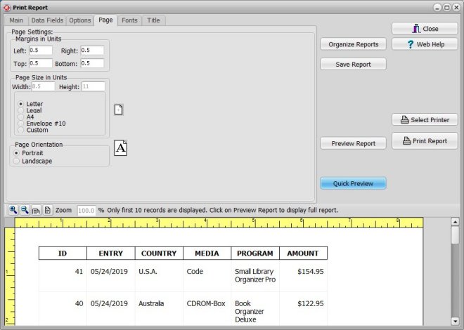 organizer advantage, report window, page margins, size, orientation