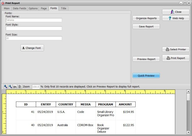 organizer advantage, report window, font size, font type