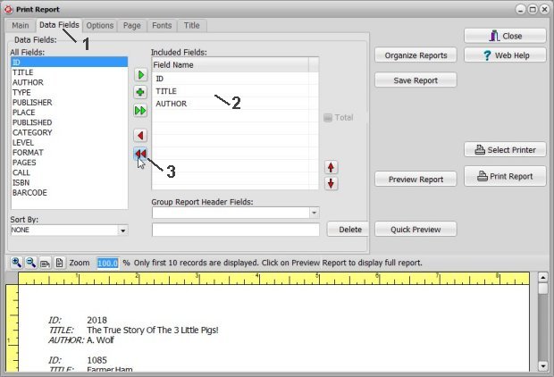 book catalog, print report sample, simple book list report, remove fields