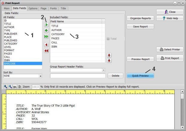 book catalog, print report sample, simple book list report, select data fields