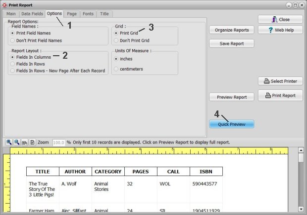 book catalog, print report sample, simple book list report, select report table layout