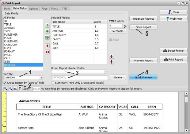 book catalog, print report sample, simple book list report, define grouping