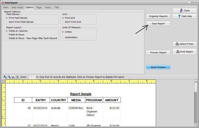 organizer advantage, report window, preview, save report