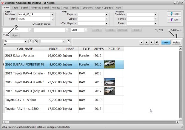 data split pane off option, grid display