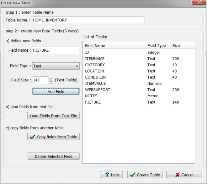 build database sample: home inventory, step 3