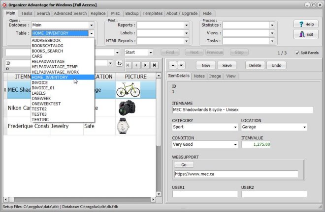 build database sample: home inventory, load table