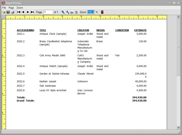 small museum database: print report wizard