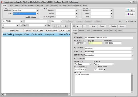 Asset database; main asset table