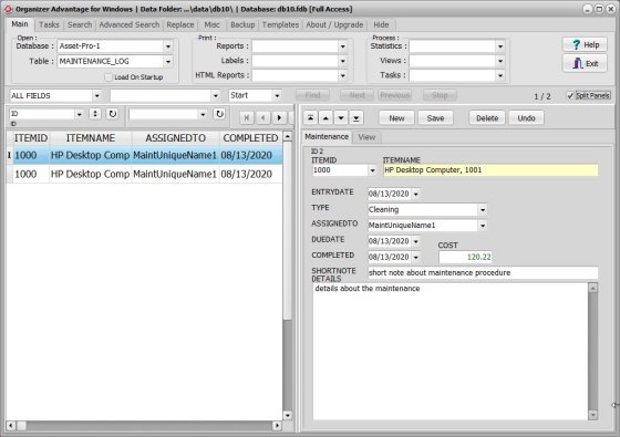 Asset database; maintenance-log table