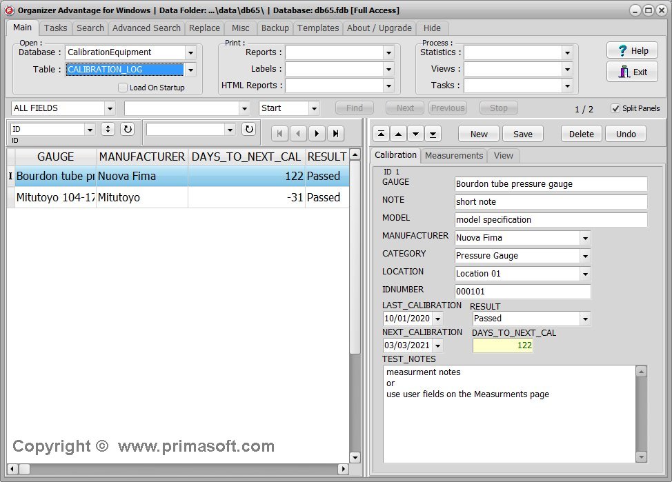 Calibration, Equipment template; main database application window