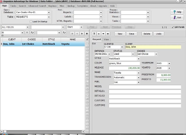 Car Dealer database; car requests table