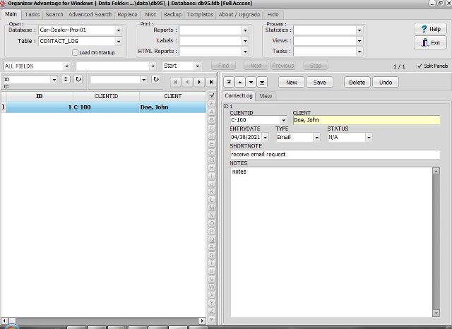 Car Dealer database; contact logtable