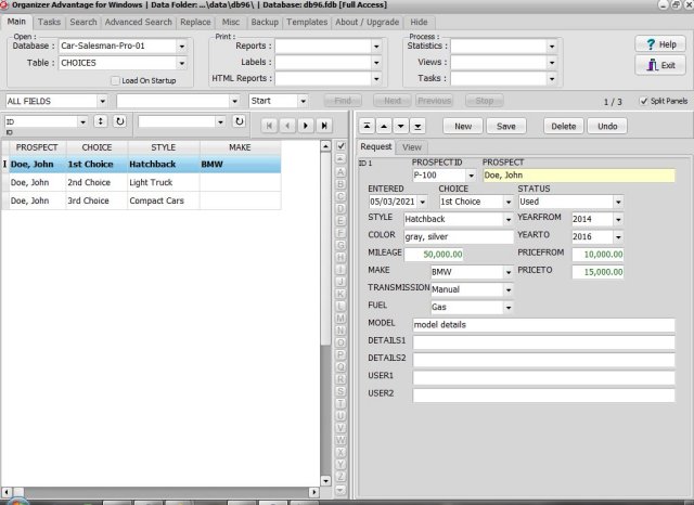 Car Sales database; table choices