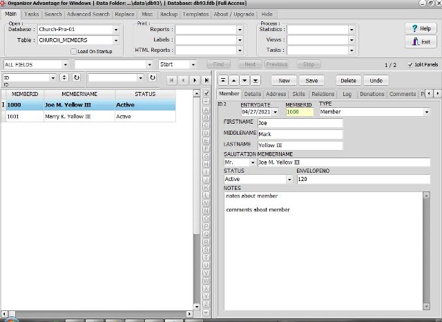 Church database; table church members