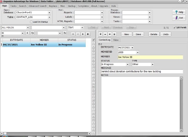 Church database; table contact log