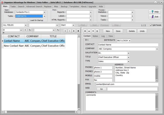 Contact database; contacts table