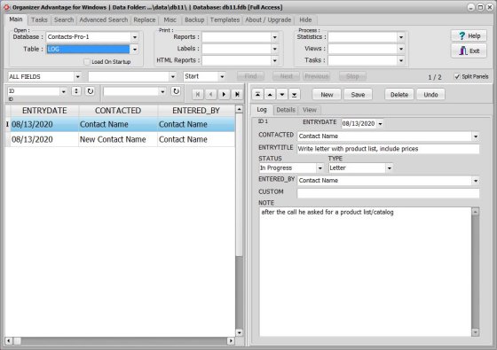 Contact database; contacts log table