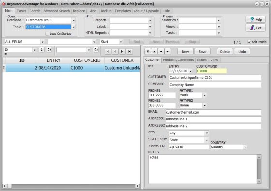 Customer database; customers table