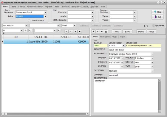 Customer database; issues table