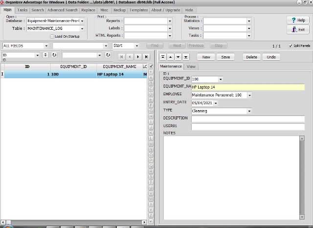 Equipment Maintenance database; table log