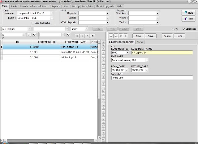 Equipment Tracking database; table use