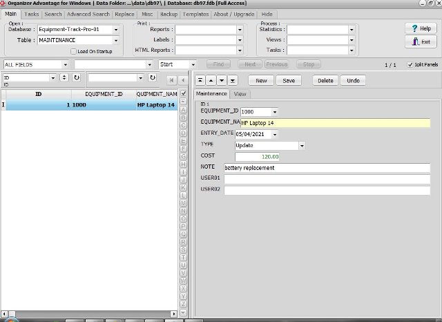 Equipment Tracking database; table maintenance