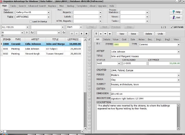 Gallery database; table art wok