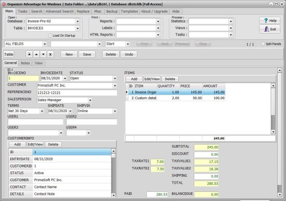 Invoice database;invoices table