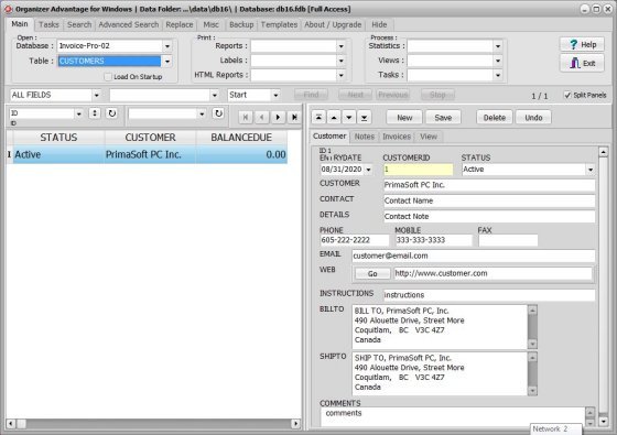 Invoice database; customers table