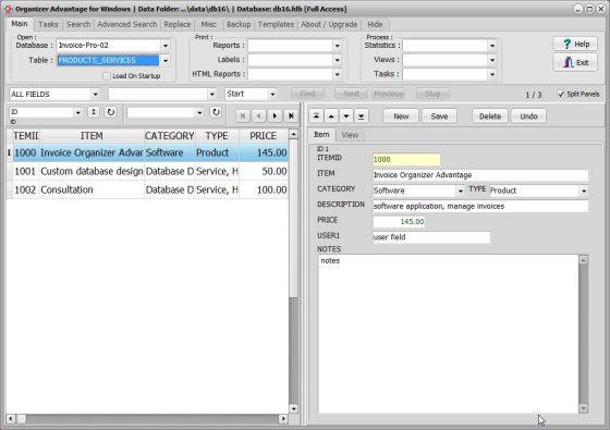 Invoice database; products and services table