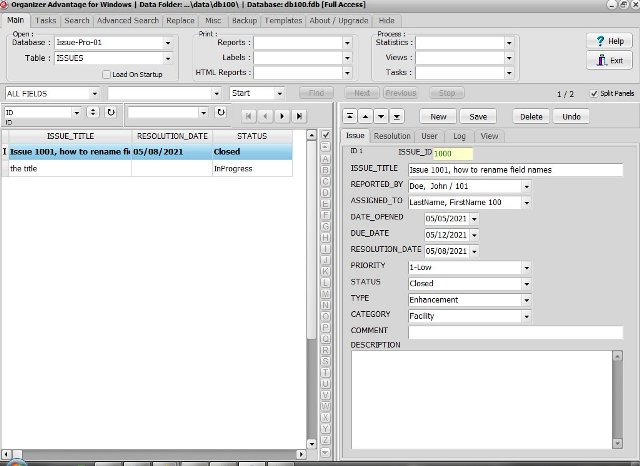 Issue database; table issue