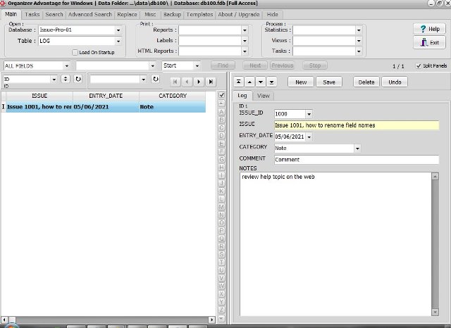 Issue database; table log