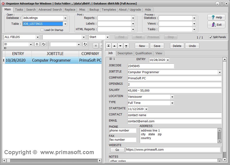 Job Listings template; main database application window