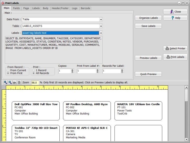 labels organizer asset info label